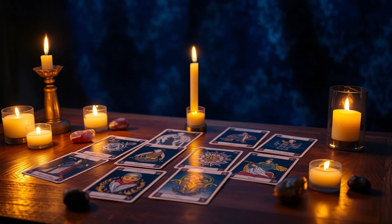 Entdecken Sie die Bedeutung der Tarotkarten mit einem mystischen Deck und Kerzen.