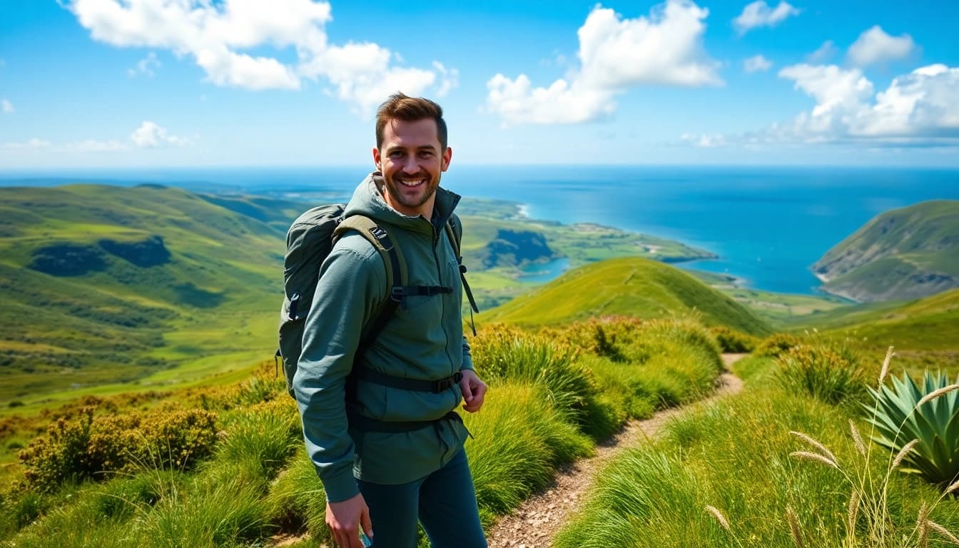 Kerry Way Fernwanderweg: A hiker enjoying the stunning scenery of the lush green landscapes.