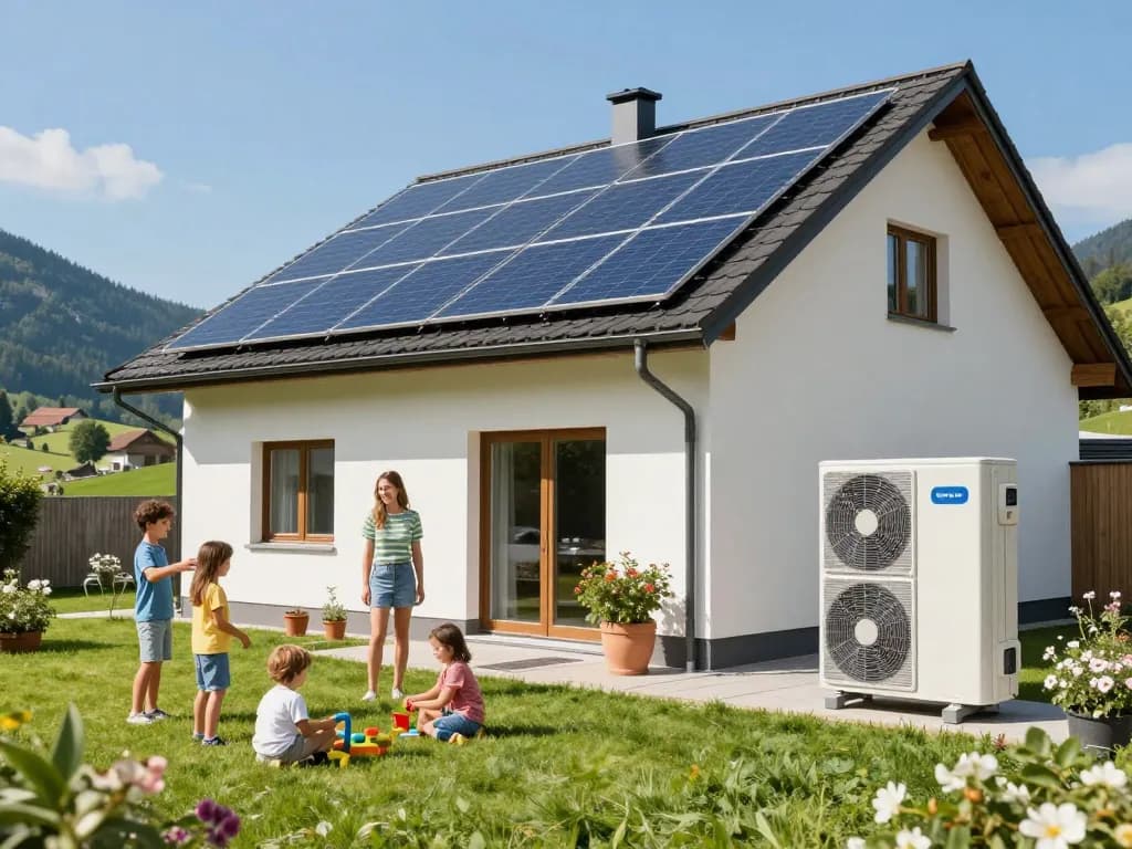 Photovoltaik Bayern - Modernes Zuhause mit Solarpaneelen und Wärmepumpe in der bayerischen Landschaft.