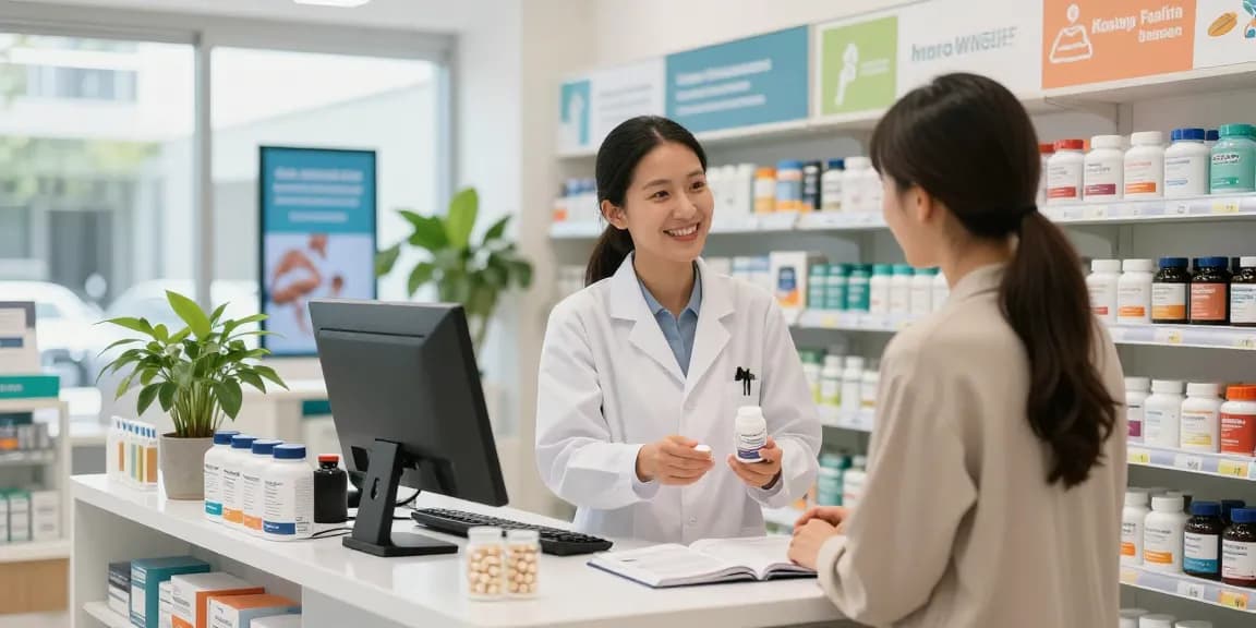 Medi Pharma Shop mit einem Apotheker, der einem Kunden hilft, und dabei Gesundheitspräparate und Wellnessprodukte präsentiert.