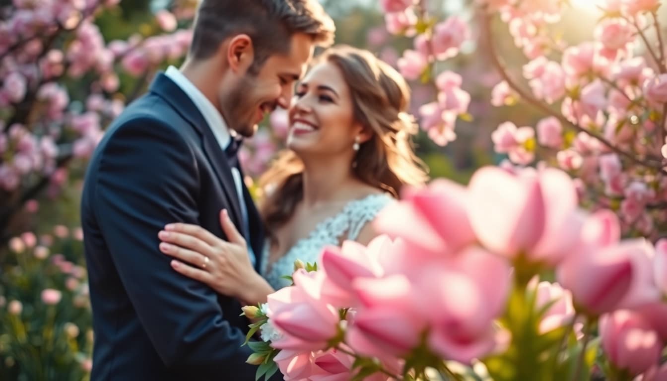 Professioneller Hochzeitsfotograf München fängt romantischen Moment zwischen Paar in blühendem Garten ein.
