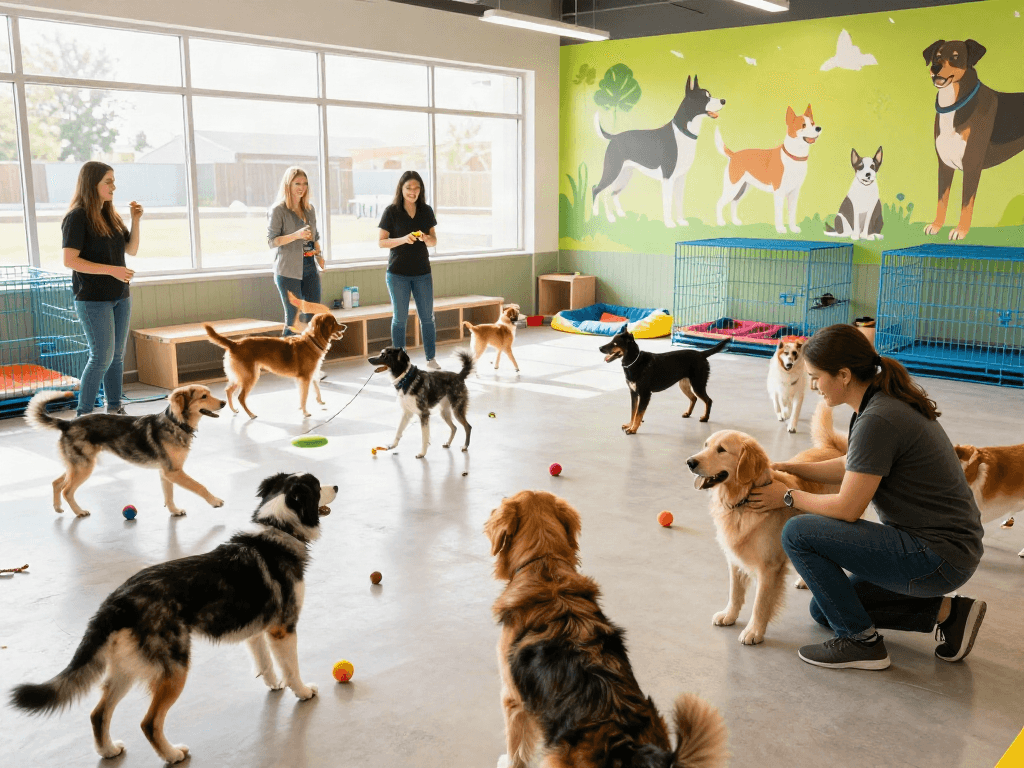 Excited dogs playing at a daycare while showcasing the slot depo 10k experience.