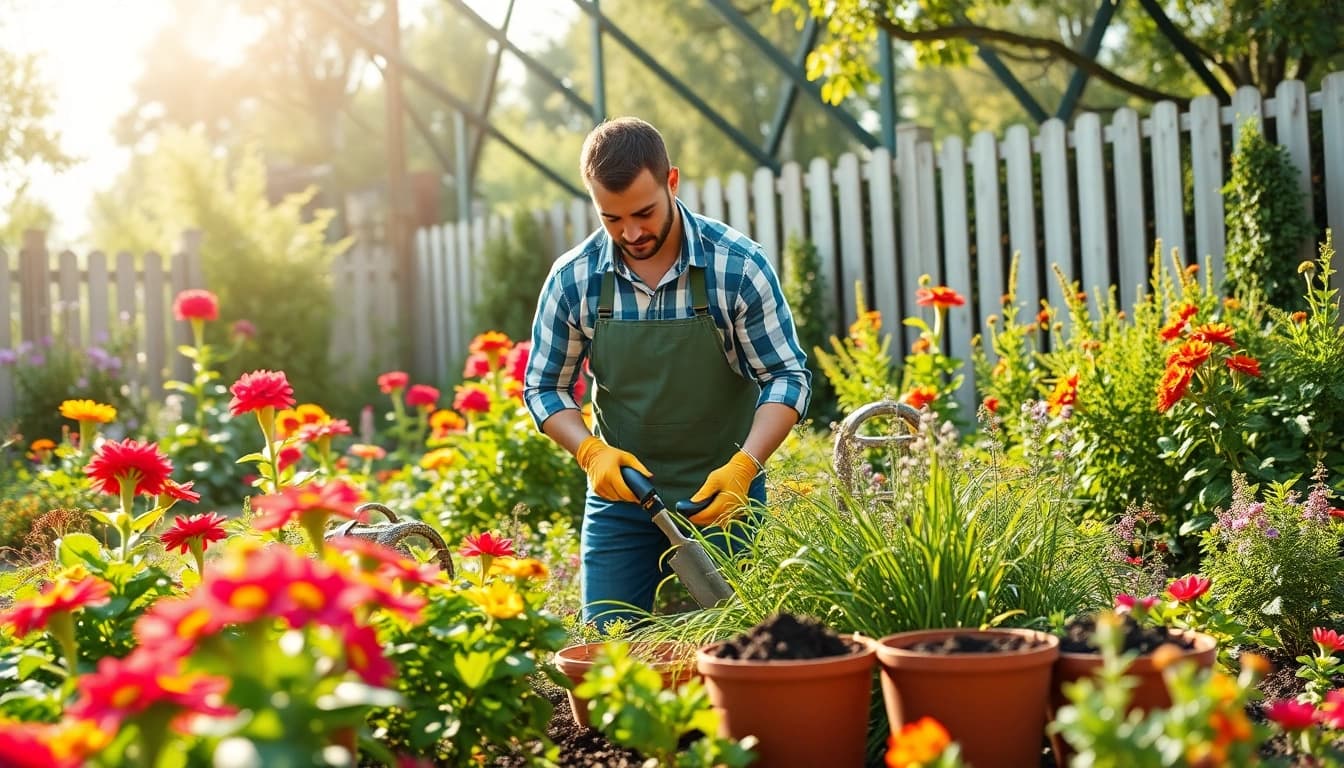Gartenbaubetrieb pflegt einen blühenden Garten mit verschiedenen Pflanzen und Blumen.