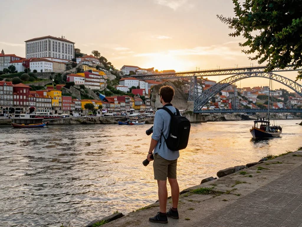 Reisetipps Porto: Reisender, der den Sonnenuntergang über Porto mit der ikonischen Skyline einfängt.