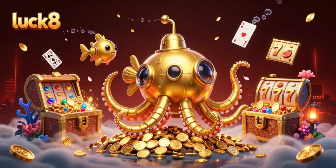 Experience the excitement of luck8 with a golden kraken submarine in a treasure-filled sea of coins.