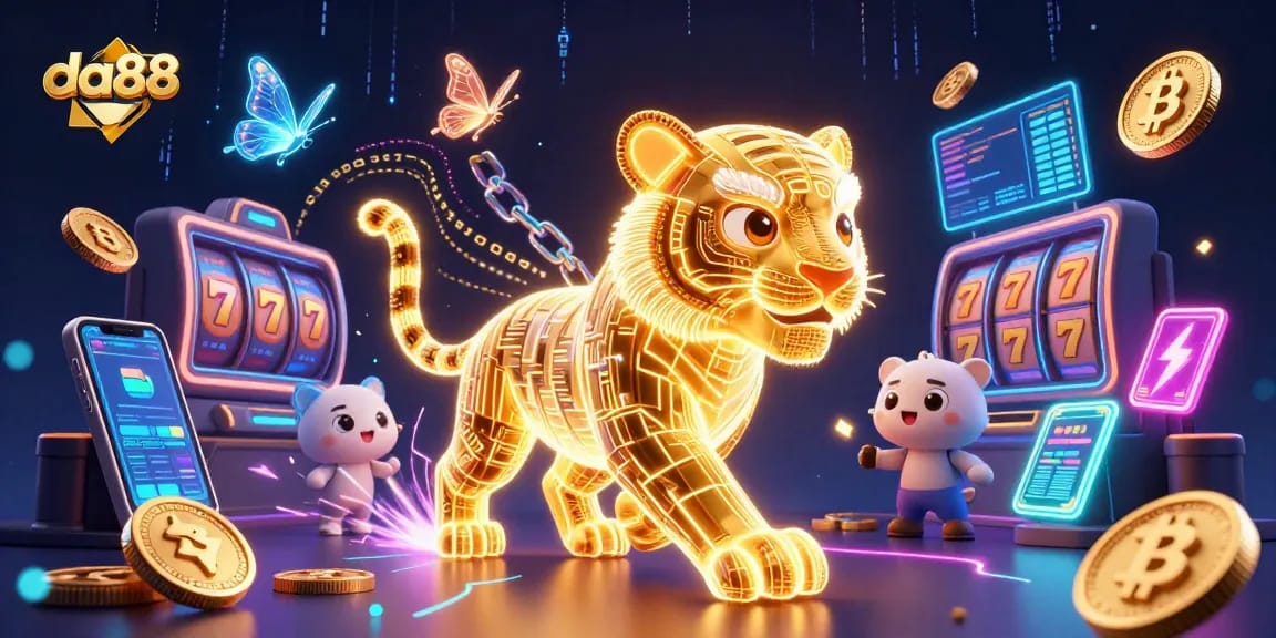 Experience da88's digital casino magic with a neon tiger and glowing crypto elements!