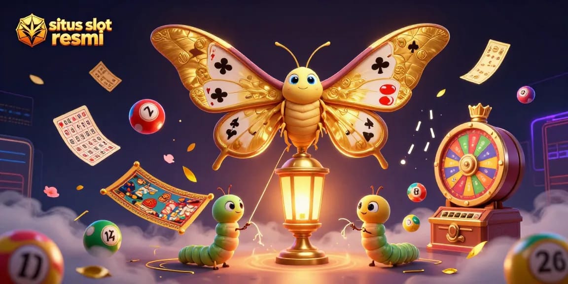 Engage with situs slot resmi to win big, featuring an illustration of a vibrant casino scene with a majestic moth.