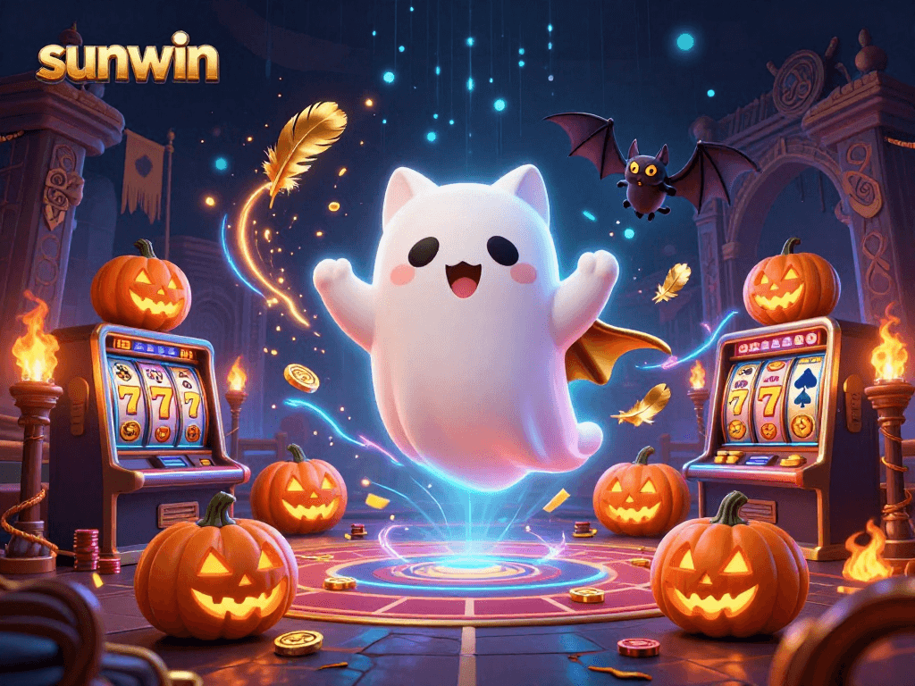 Experience gaming magic with sunwin among glowing jack-o-lanterns and a friendly ghost cat.