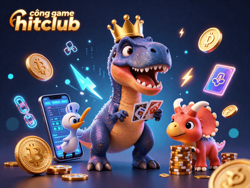 Engage with cổng game hitclub as a T-Rex shuffles cards, while a pterodactyl assists, and a triceratops stacks golden chips.