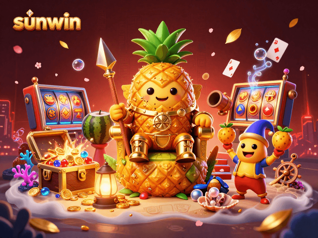 Experience the excitement of sunwin, featuring vibrant characters and dynamic slot elements in a rich casino setting.