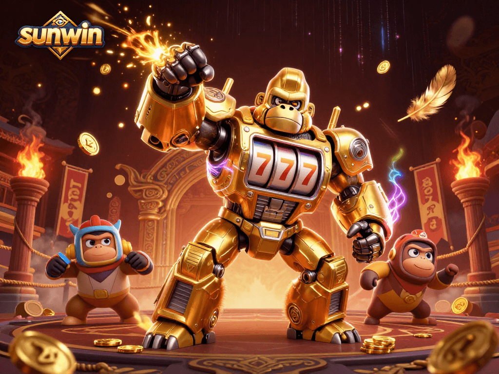 Sunwin showcases a dynamic casino scene with a golden mech and vibrant game elements.