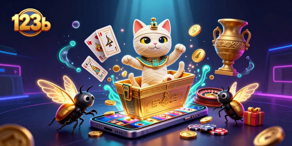 Play engaging casino games like 123b with an exhilarating 3D depiction of a mummy cat and golden elements.