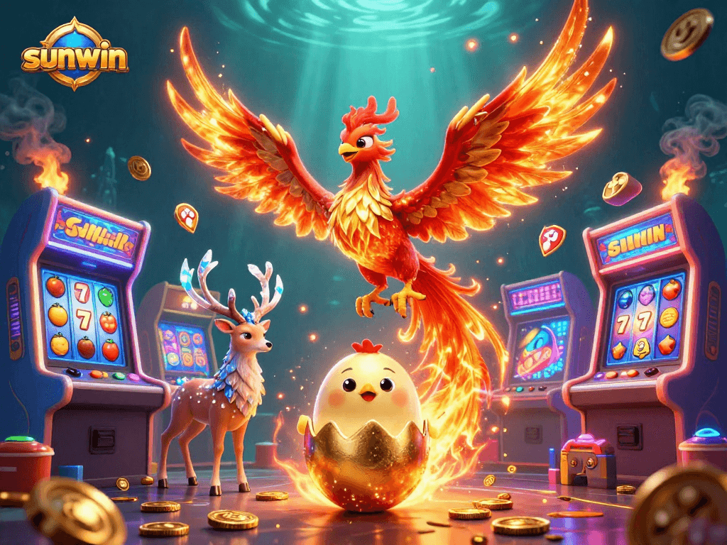 Experience the excitement of sunwin with a 3D phoenix and vibrant casino elements!