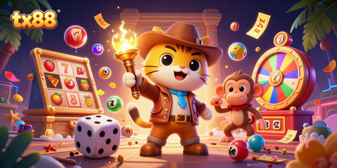 tx88 showcases a vibrant scene of a cartoon cat archaeologist finding treasure in a casino temple.