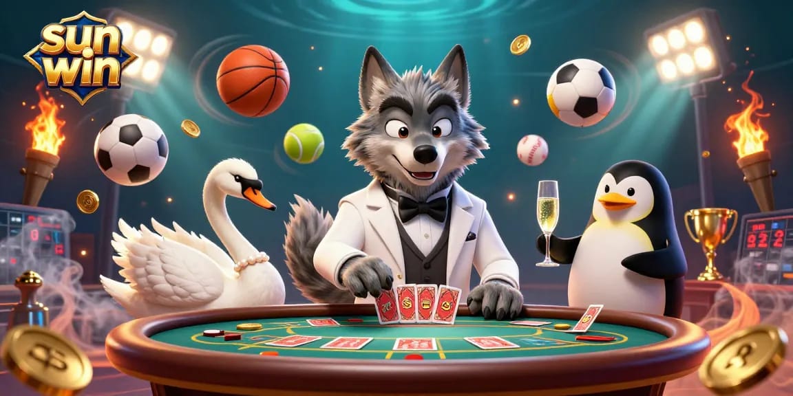 Experience sun win action with a debonair wolf, elegant swan, and penguin sommelier in casino games.