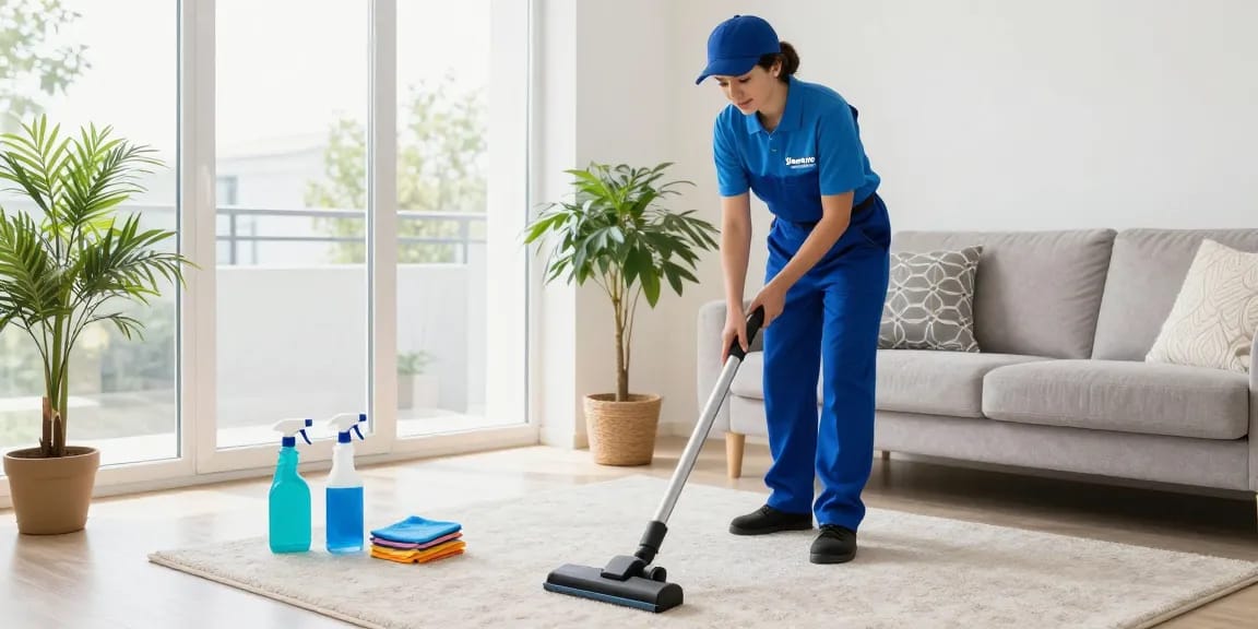 Professional cleaner from reinigungsfirma bern vacuums a bright living room.