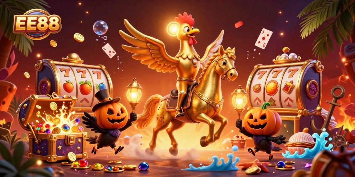 Experience EE88 in an enchanting casino scene with a golden rooster and illuminated treasures.