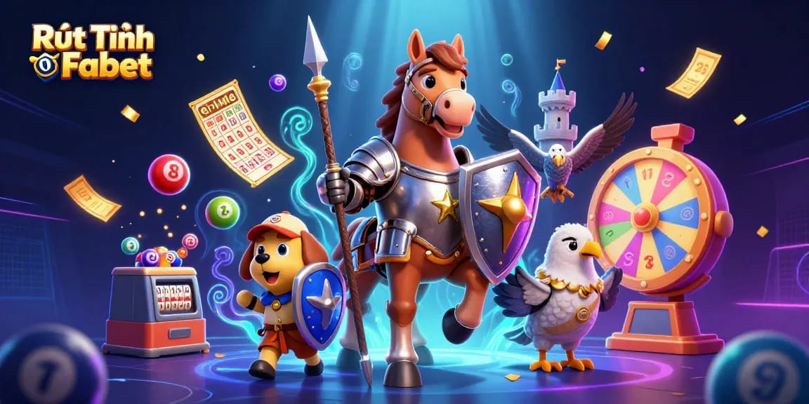 Experience Rút Tiền Fabet with a captivating illustration of a knight and puppy amidst energetic lottery elements.
