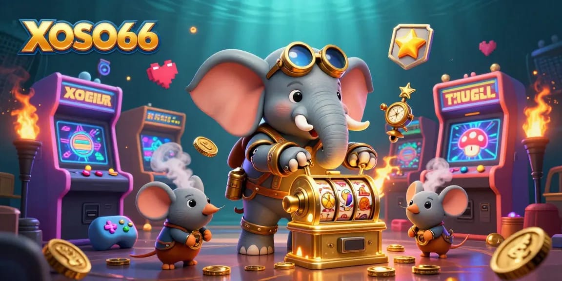 XOSO66 showcases exciting gaming with a steampunk elephant operating a golden slot machine amidst colorful game elements.