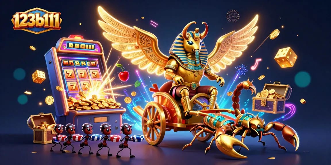 Experience the thrilling 123b111 casino world with a golden scarab beetle amidst jackpot wonders and vibrant energy.