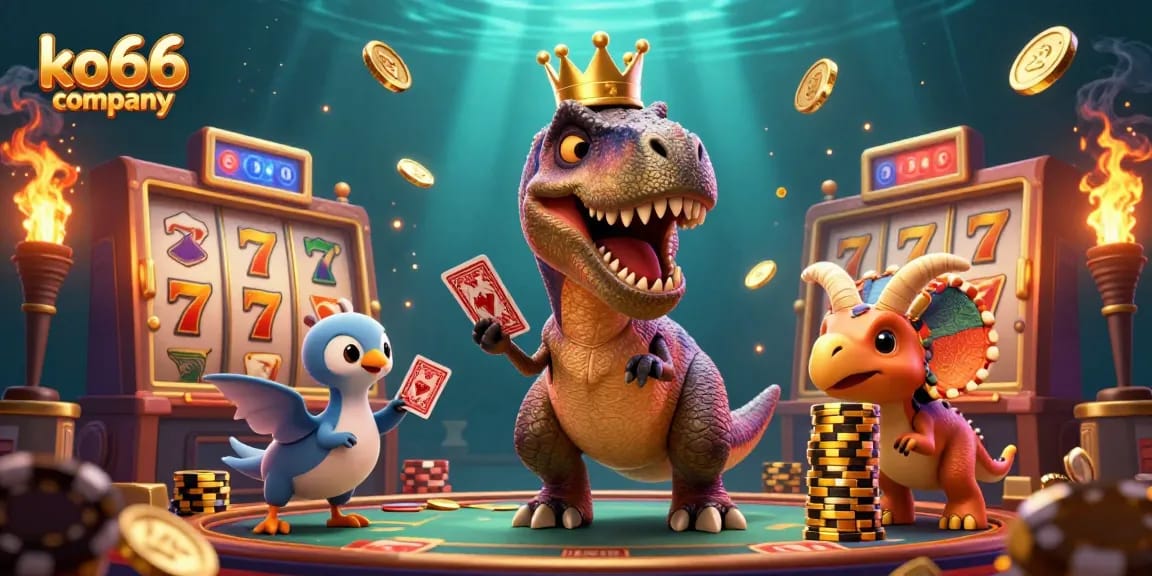 Engaging T-Rex and friends playing cards at the ko66 company casino, surrounded by dynamic slots, coins, and vibrant effects.