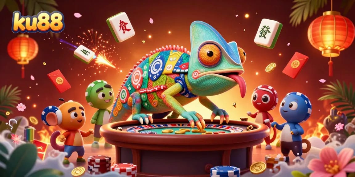 ku88 illustrates a vibrant casino scene featuring a chameleon casino owner with poker elements