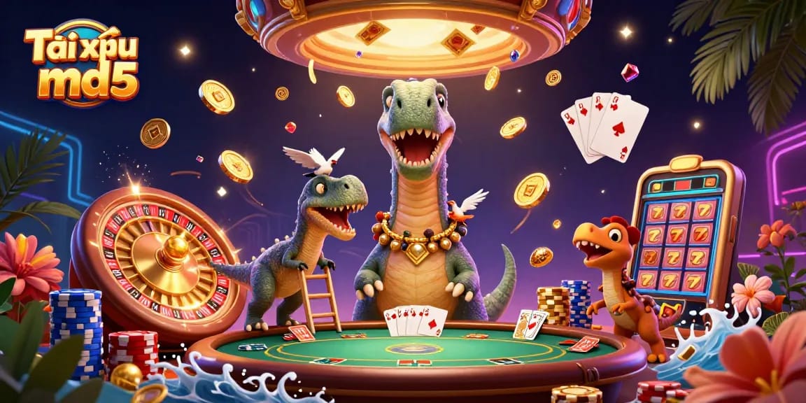 Experience the excitement of Tài xỉu md5 with a playful brontosaurus and clever raptor in an animated casino.