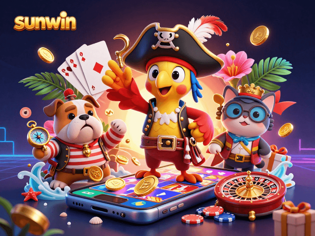 Experience excitement with sunwin's vibrant casino illustration featuring a pirate captain and dog, surrounded by slots, coins, and cards.
