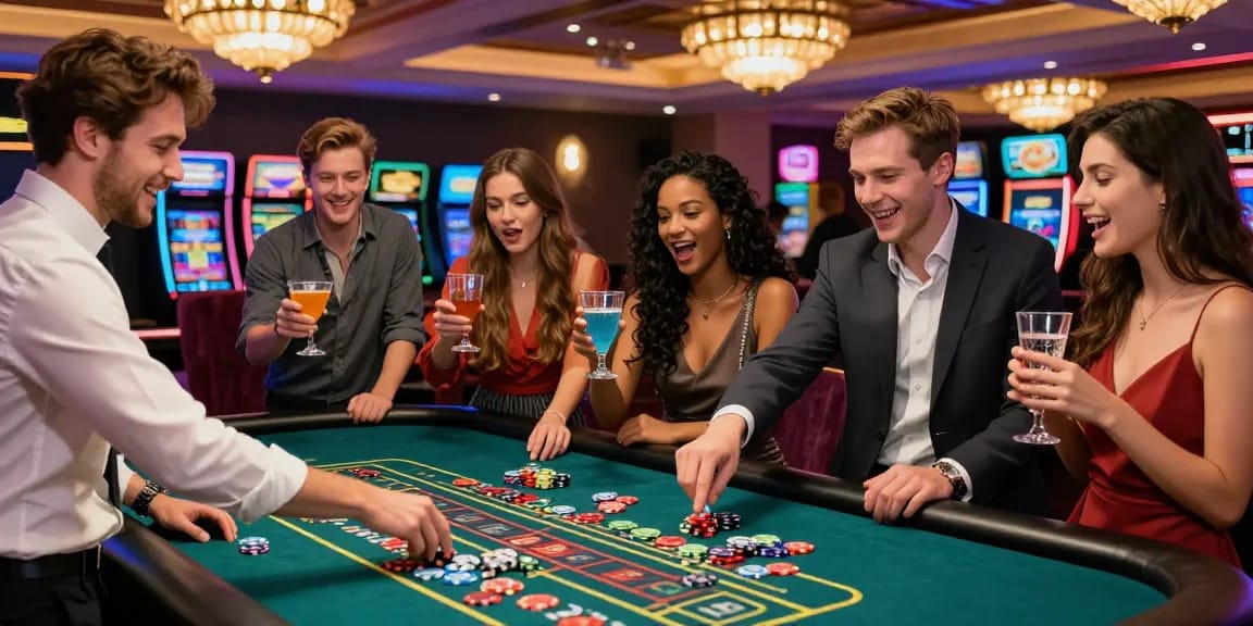 FAFA828 gaming experience at a lively casino with diverse group enjoying roulette.