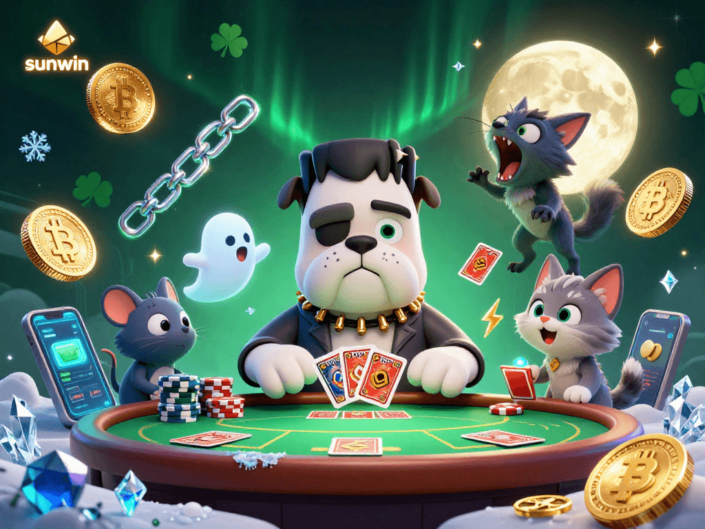 Join the exciting poker showdown with sunwin's 3D cartoon characters in a lively haunted casino scene.