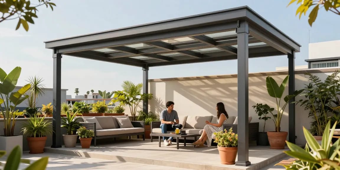 Freistehende Terrassenüberdachung in einem sonnigen Garten mit entspannenden Sitzgelegenheiten