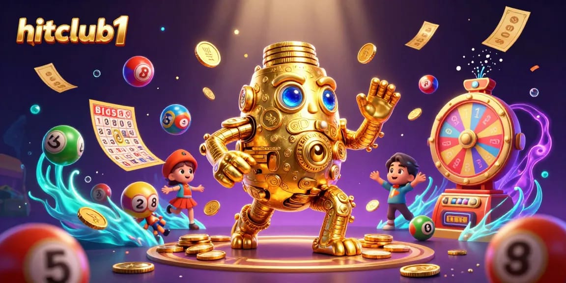 Win big at hitclub1 with a vibrant bingo scene featuring colorful balls and golden tickets