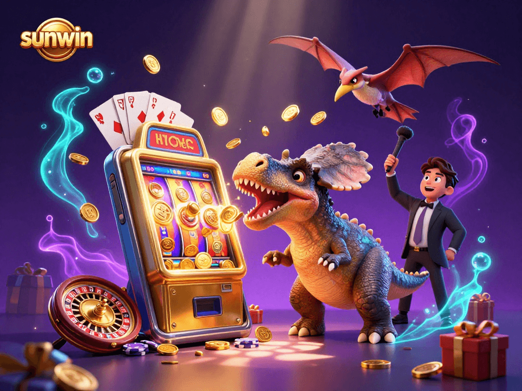 Engage with sunwin's thrilling jackpot scene featuring dynamic cartoon characters and vibrant casino elements.