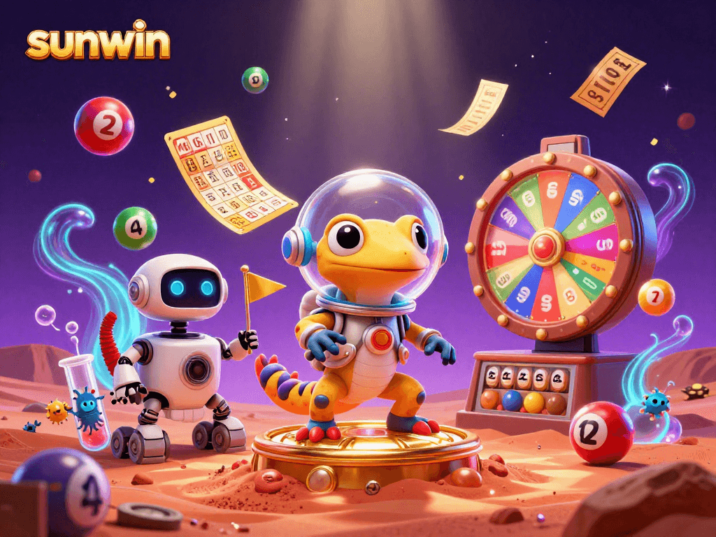 Engage with sunwin's vibrant casino universe featuring an adventurous Martian gecko and dynamic elements.