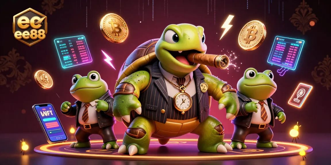 ee88 captures the excitement of winning with a lively cartoon casino scene featuring a turtle and frogs.
