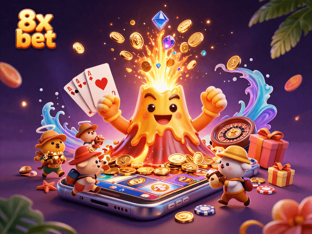 Engage with the exciting 8x bet gaming scene featuring a golden volcano, treasure, and vibrant casino elements.