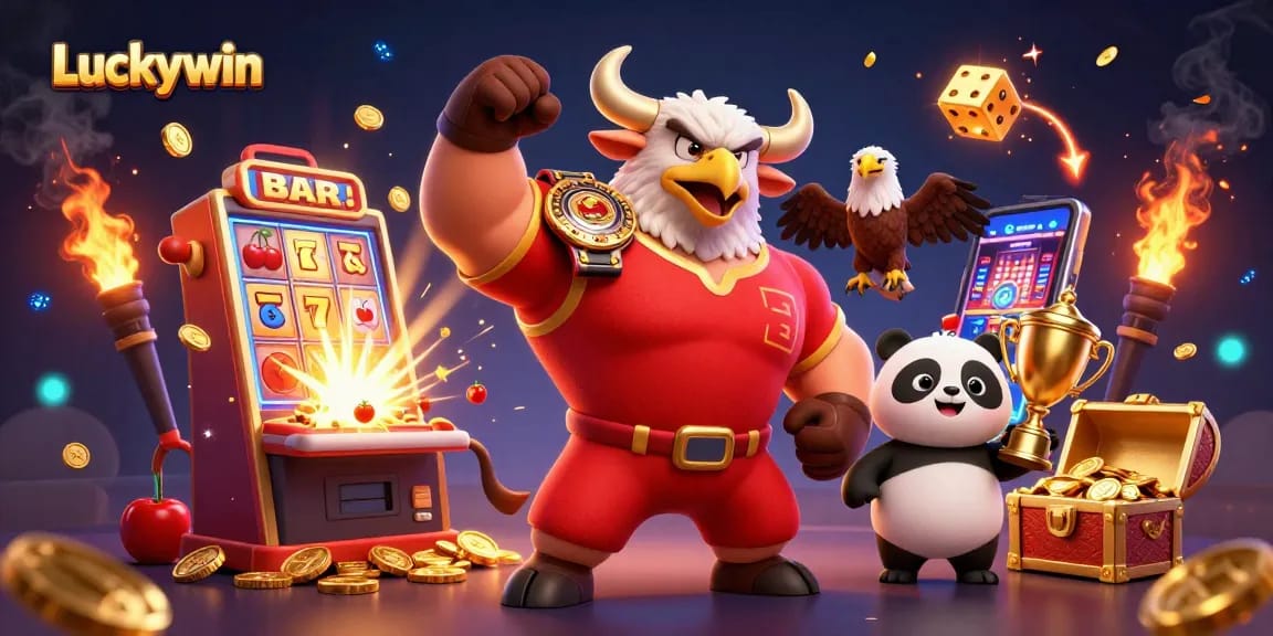 Experience Luckywin's vibrant casino energy with a muscular bull, eagle, and panda amidst a jackpot explosion.