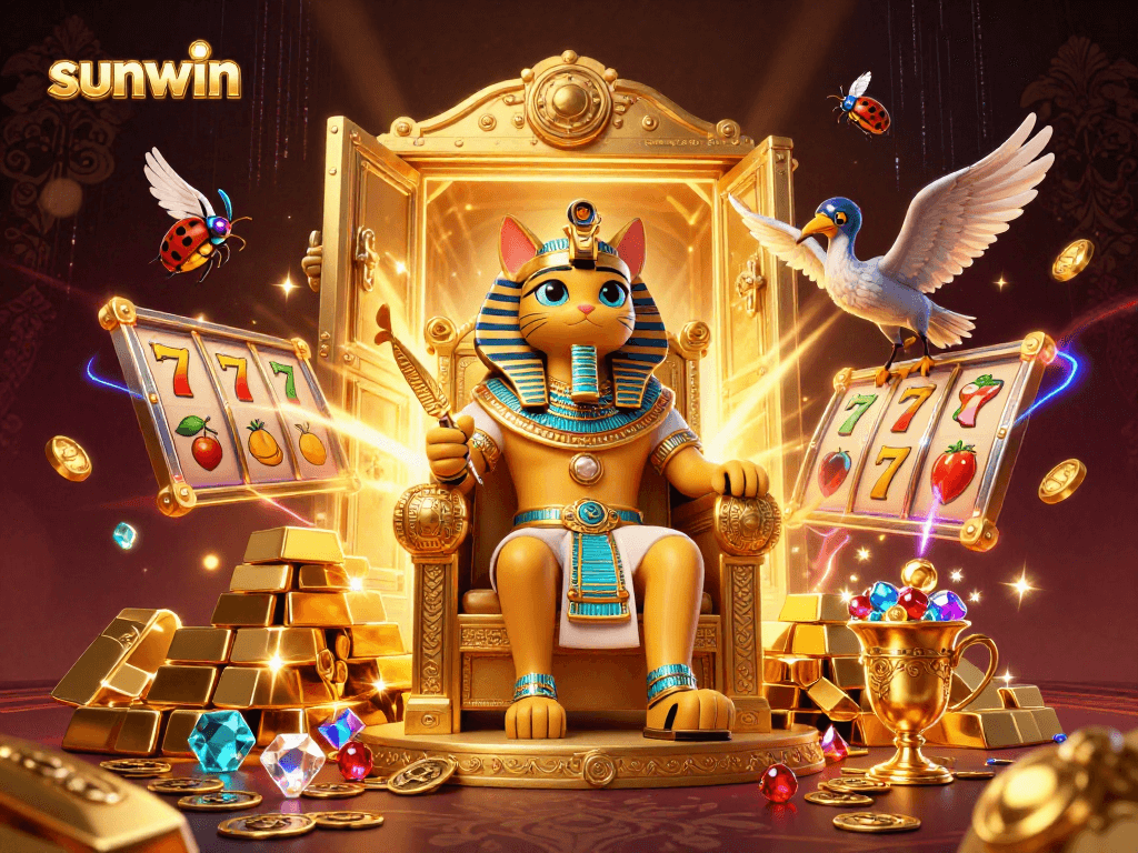 Engage with the exciting gaming world of sunwin, featuring a vibrant scene with Egyptian elements and slot reels.