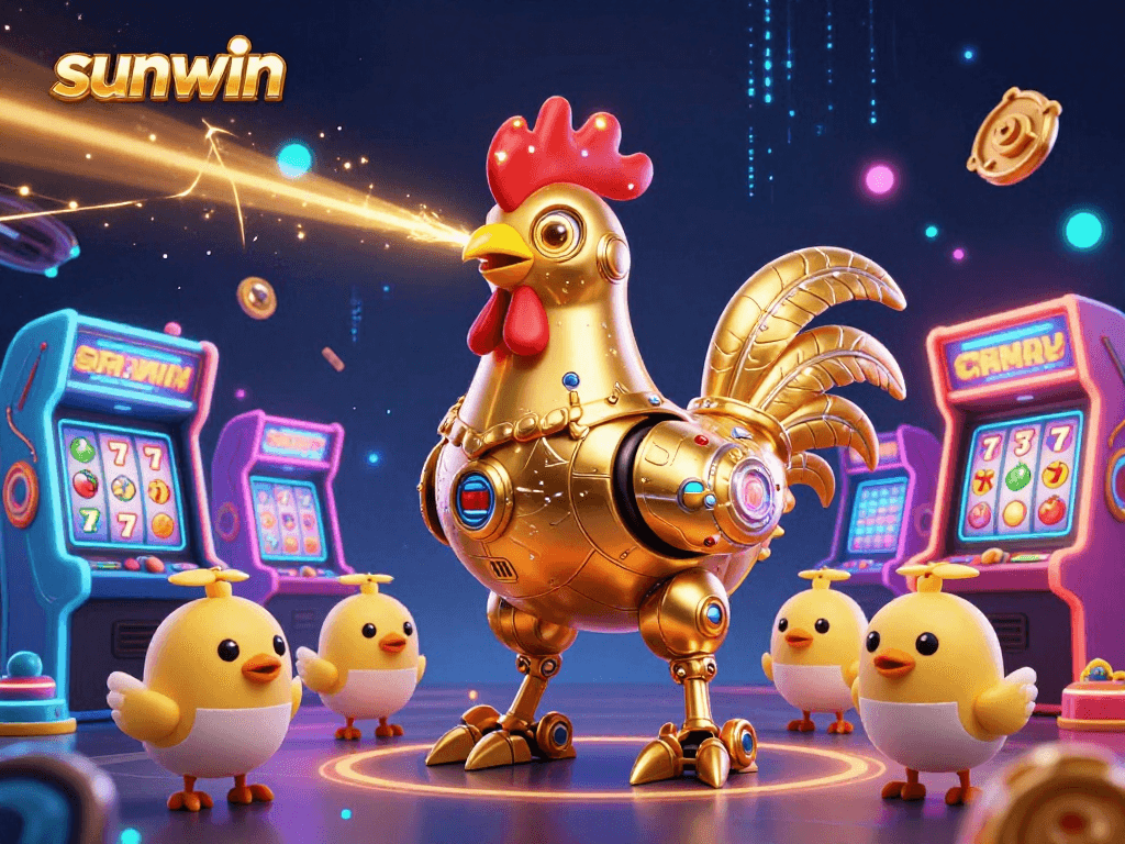 Engage in thrilling gameplay with sunwin's neon-lit casino featuring a golden rooster robot and arcade machines.