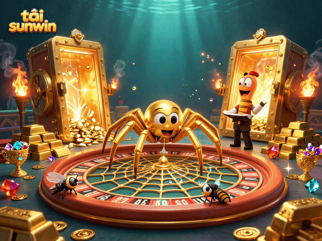 Bet on excitement with tải sunwin in this vibrant casino scene featuring colorful characters and golden treasures.