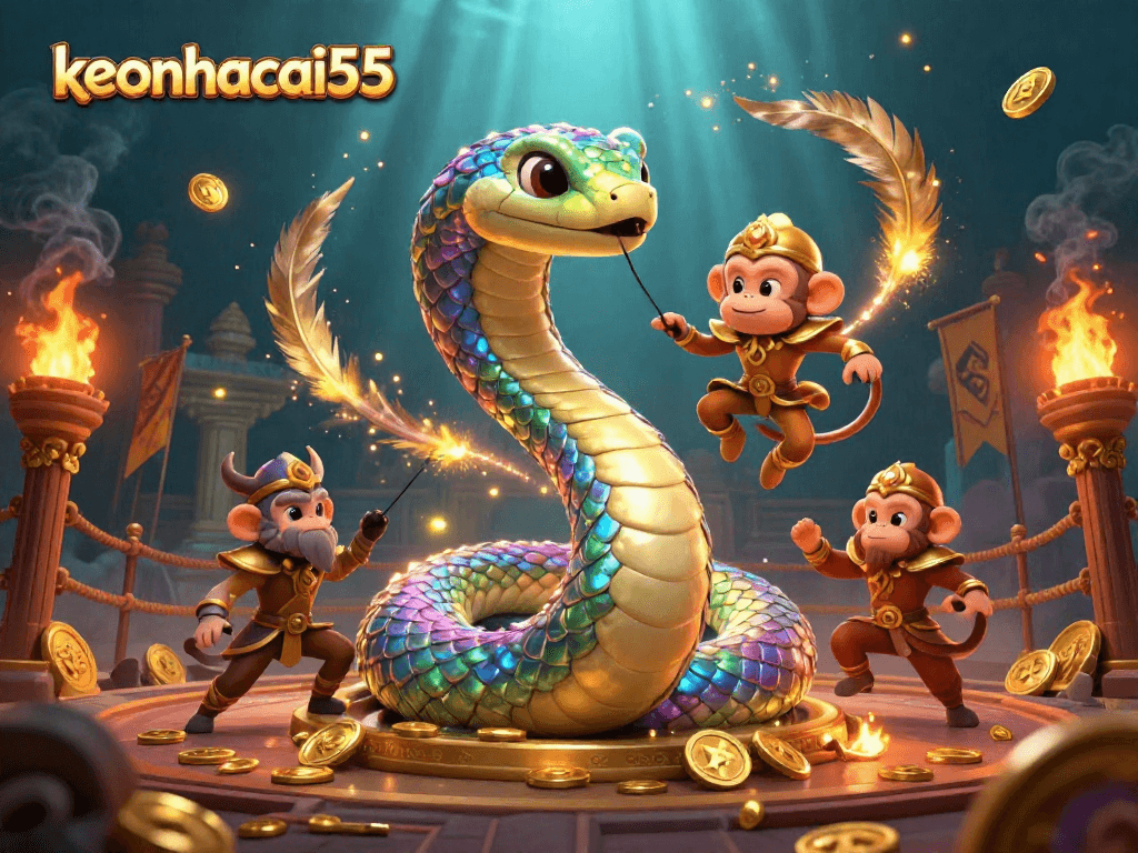 Engage with keonhacai55's vibrant gambling scene featuring a playful monkey king amidst shimmering treasures.