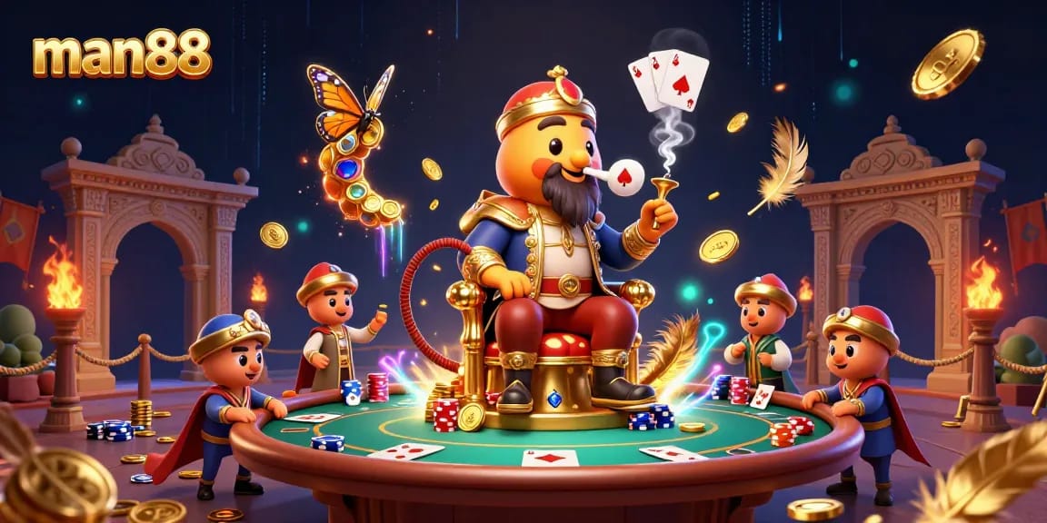 man88 showcases a vibrant poker scene featuring a colorful caterpillar master in a lavish setting