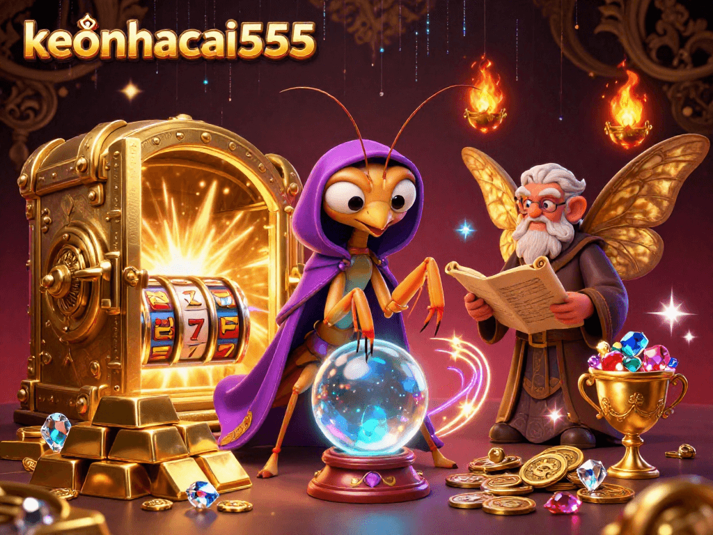Engage with keonhacai555's vibrant casino scene featuring a mystical fortune teller and dynamic slot elements.