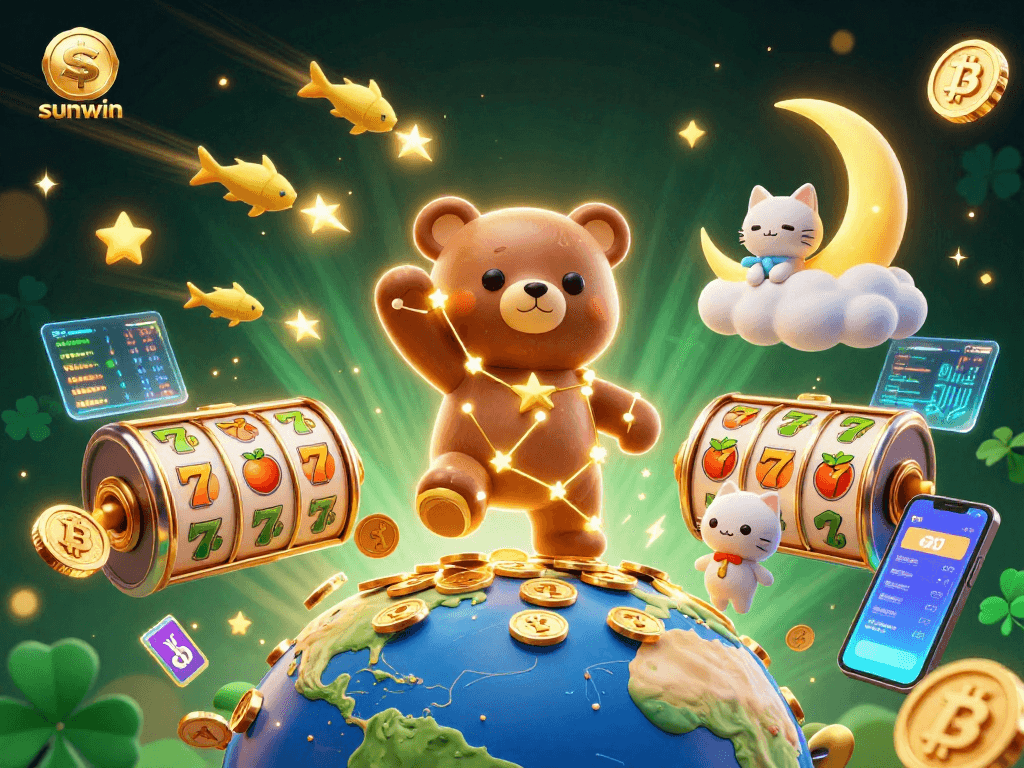 Engage with the excitement at sunwin casino featuring dynamic cartoon illustrations of casino elements and playful characters