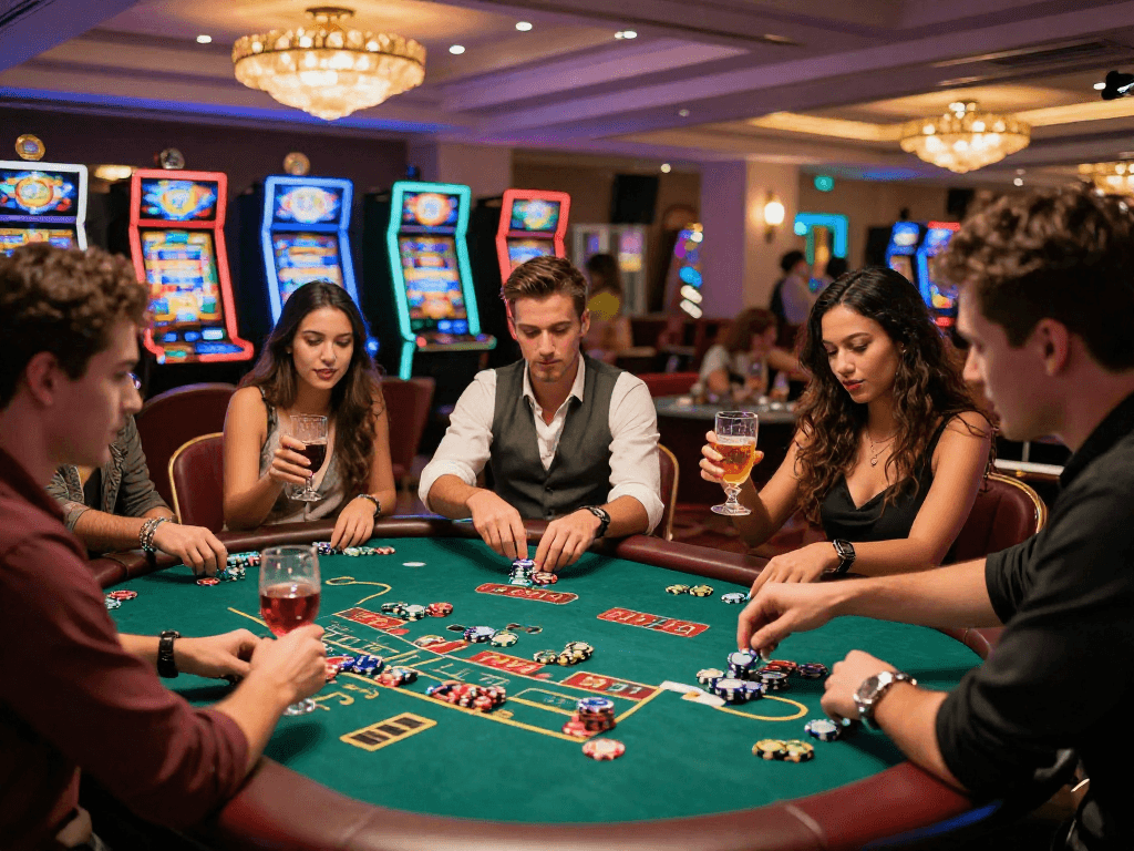 Exciting group at vin888 gaming table in vibrant casino, showcasing thrilling baccarat atmosphere.