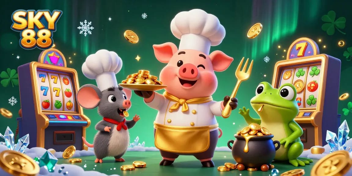 Spin the reels at SKY 88 with engaging characters and colorful slot visuals in an energetic casino scene.