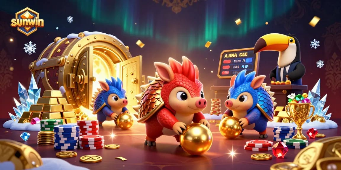 sunwin spins winning poker chips through an epic 3D casino scene filled with gold and gems