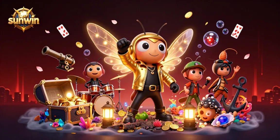 Experience thrilling gameplay with sunwin as a vibrant cicada rock star leads a dynamic casino scene full of treasures.