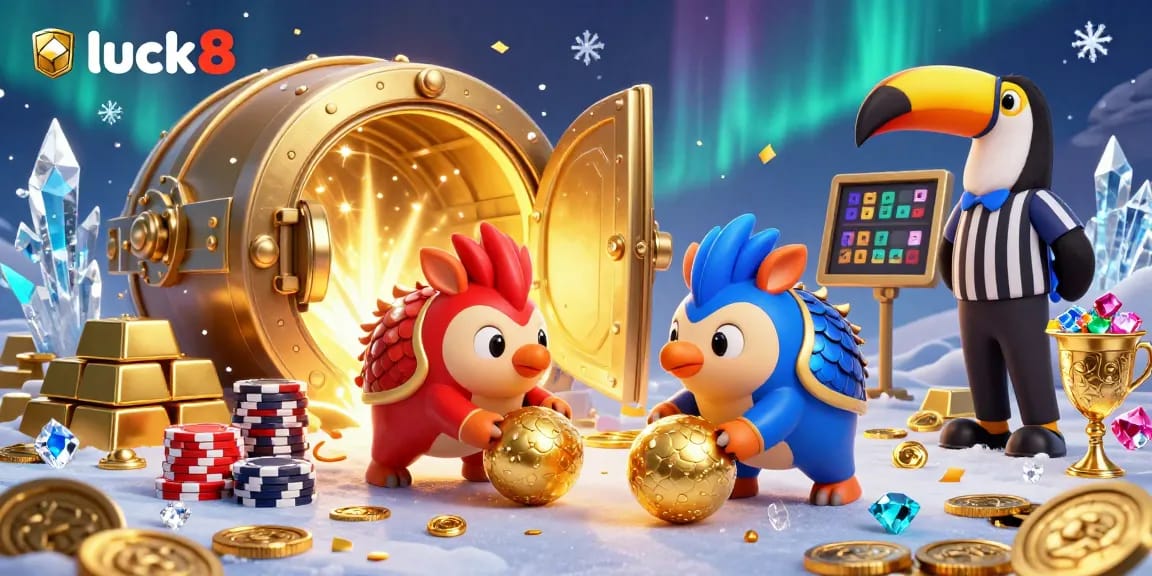 Engaging scene showcasing luck8 with rival pangolins, poker chips, and treasure vault elements in vibrant casino atmosphere.