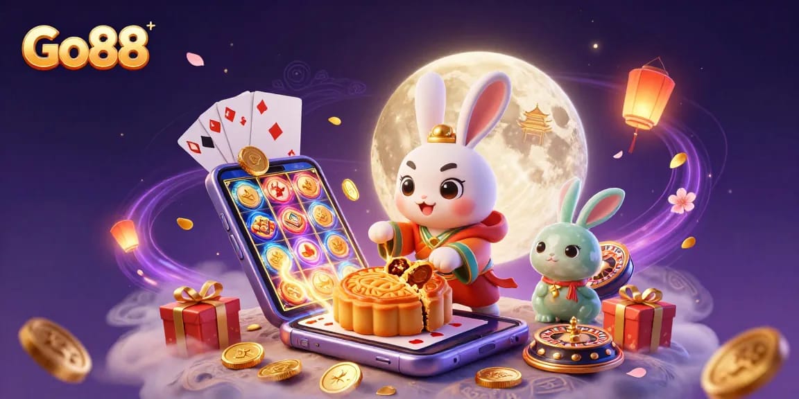 Experience Go88 gaming with a moon rabbit and poker chips, celebrating casino fun.